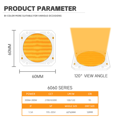조절 가능한 CCT COB LED 195-205V 2500K 6500K 듀얼 컬러 LED 300W + 300W 고 CRI LED 칩 6060