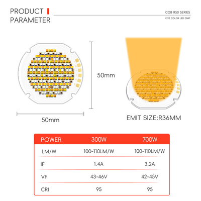 300w 700w 고전력 고광 R50 COB 5색 LED 소스 사용자 정의 가능한 VF 42-46V LM/W 95