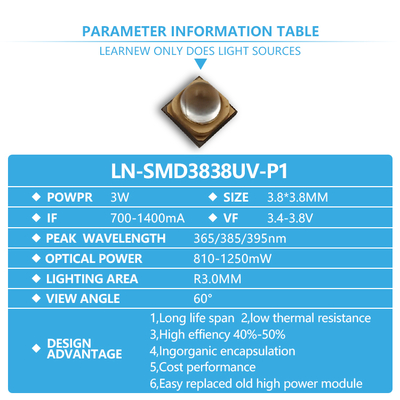 3W UVA LED 칩 365nm 파장 3.8x3.8mm 크기